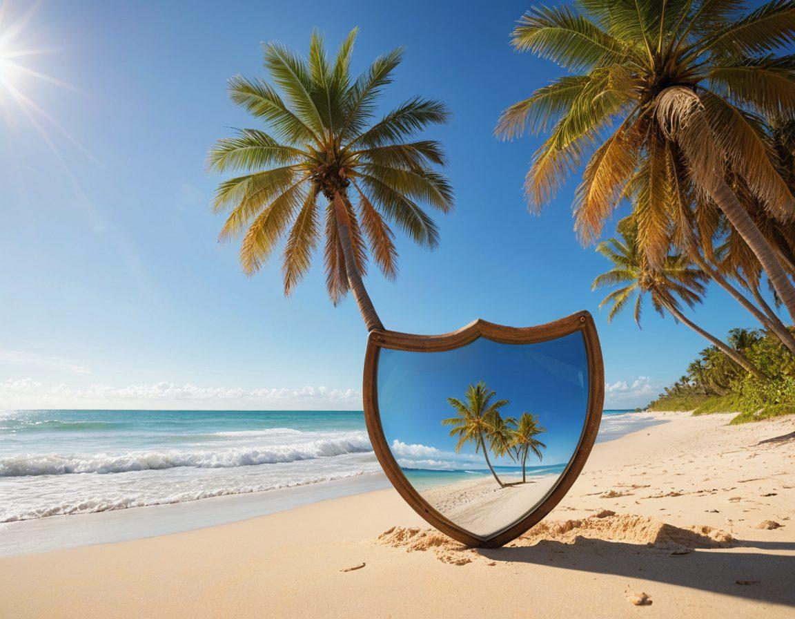 A serene beach scene in Florida showcasing various insurance-related elements like a shield symbol, magnifying glass, and documents, with a backdrop of palm trees and clear skies. Include diverse individuals discussing coverage, emphasizing community and collaboration. The sunlight creates a warm, inviting atmosphere. super-realistic. vibrant colors.