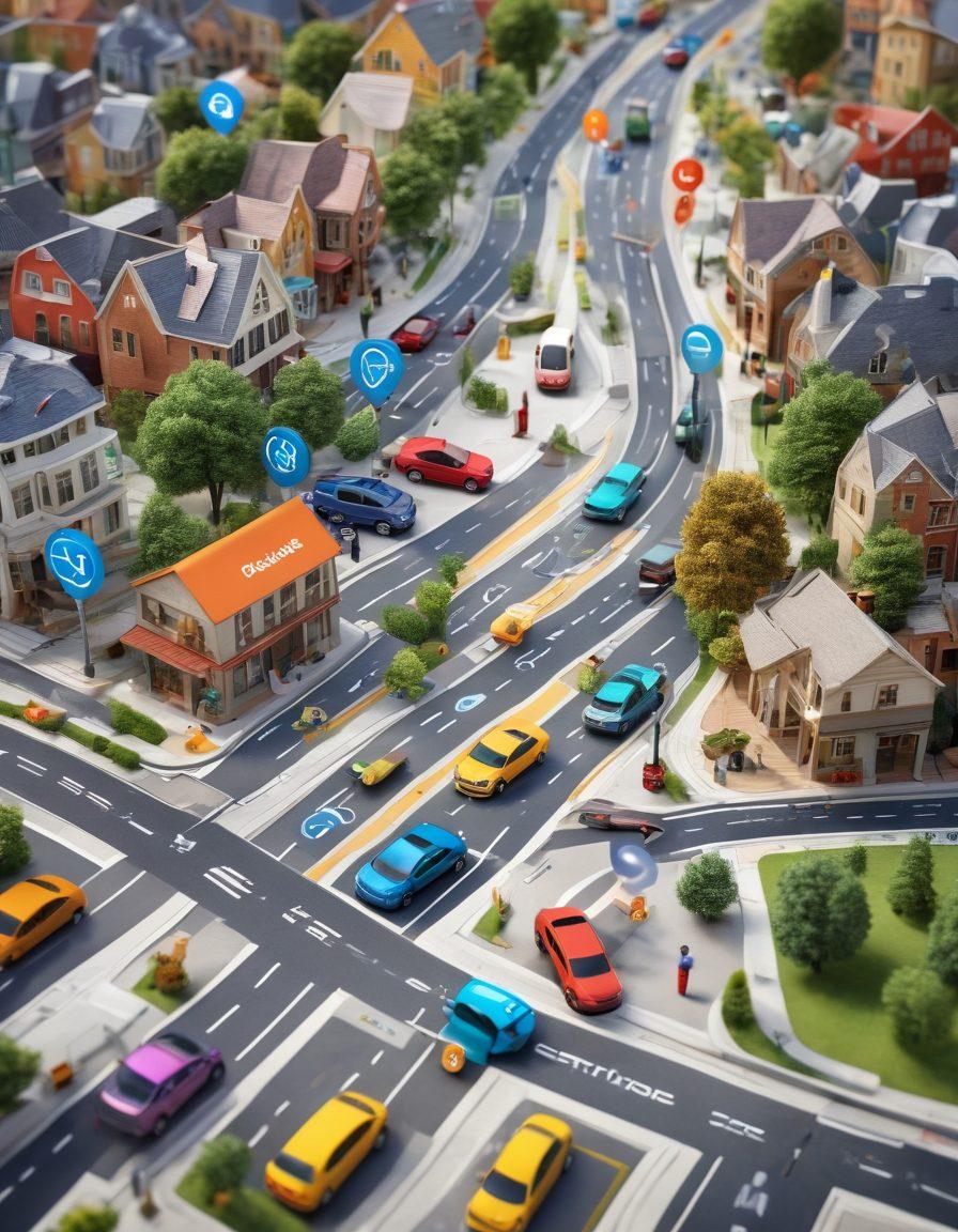 A detailed map with various local insurance icons scattered across it, showing pathways and routes leading to different insurance services and policies. Include elements like a car, home, and health symbols representing various insurance types, all surrounded by a vibrant cityscape in the background. The scene can reflect an atmosphere of exploration and guidance. super-realistic. vibrant colors. 3D.