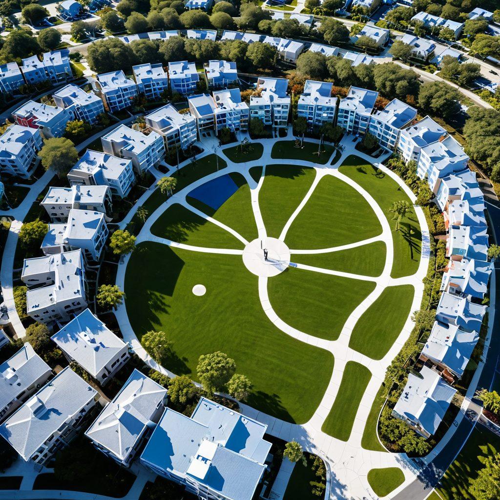 A serene aerial view of Lauderdale Lakes, filled with winding pathways resembling a maze, surrounded by affordable housing and community elements. The foreground features diverse families and individuals engaged in discussions about insurance options. Bright blue skies cast a hopeful light over the scene, symbolizing guidance and positivity. super-realistic. vibrant colors. inviting atmosphere.